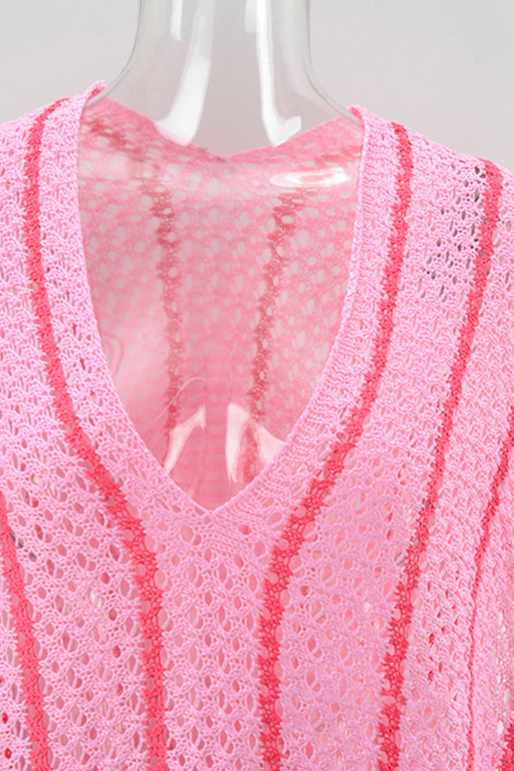 Pink Striped Crochet Loose Fit V Neck Beach Cover Up