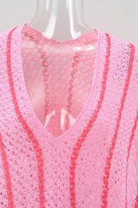 Pink Striped Crochet Loose Fit V Neck Beach Cover Up