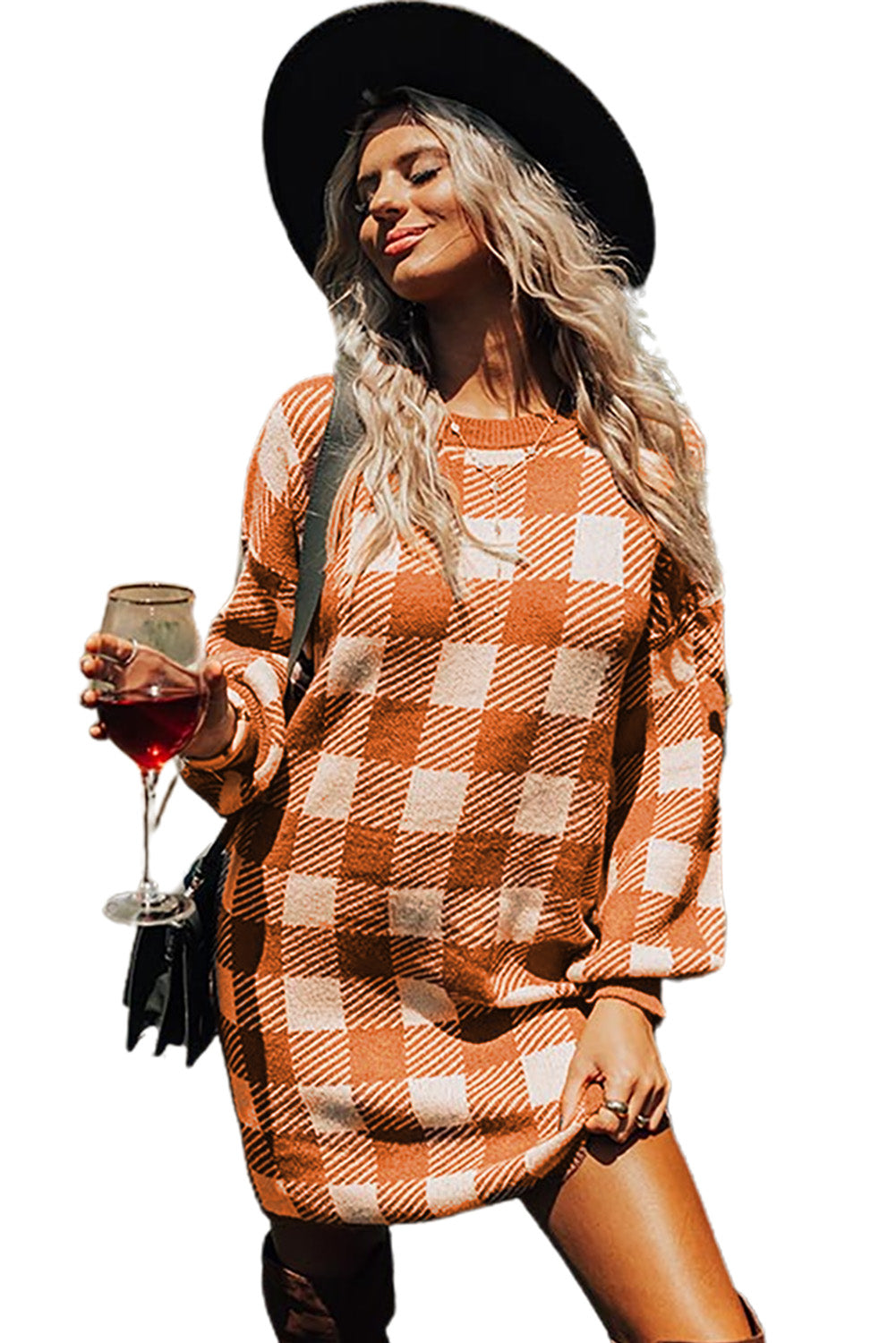 Orange Plaid Sweater Dress