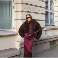 Retro Burgundy Tassels  Faux Fur Long Sleeves Short Coat Elegant Loose Turn-down Collar Jacket 2024 New Woman High Street Coats