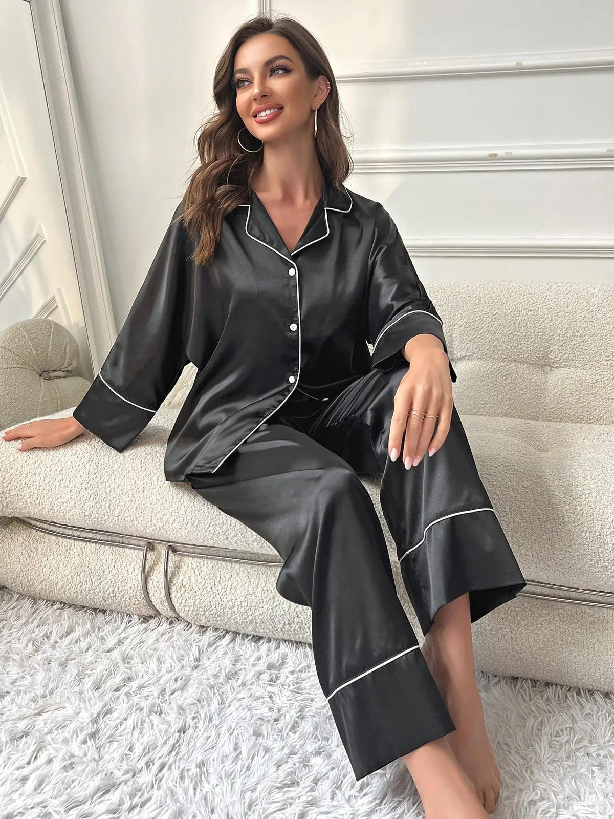 Silk Satin Women‘s Pajamas Set Notched Collar Top & Wide Leg Long Pants 2 Pieces Sleepwear Female Loungewear Like Leisure Suit