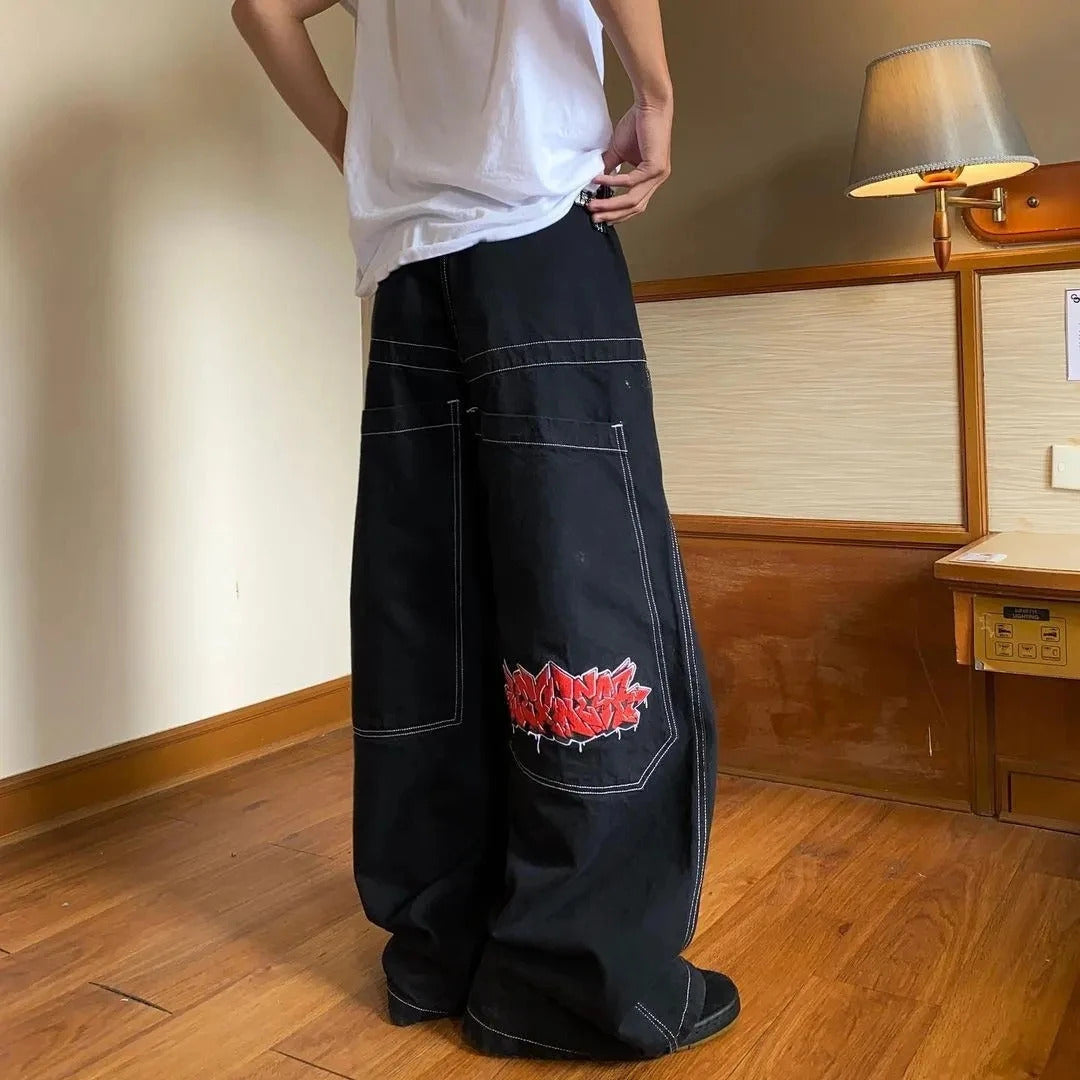 Fashion Men Women Trend Hip Hop Big Pocket Wide-leg Jeans Vintage Washed High Street Baggy Jeans Black Patchwork Trousers