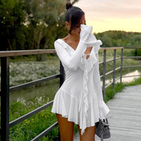 Tossy Ruffled Lace-Up White Mini Dress Women's V-Neck Patchwork Long Sleeve Sexy Slim Dress Bandage Elegant Female Summer Dress