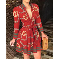 Hot Selling Women's S-2XL Size Fall Lapel Button Long Sleeve Casual Dress Fashion Printed with Belt Elegant Women's Dresses