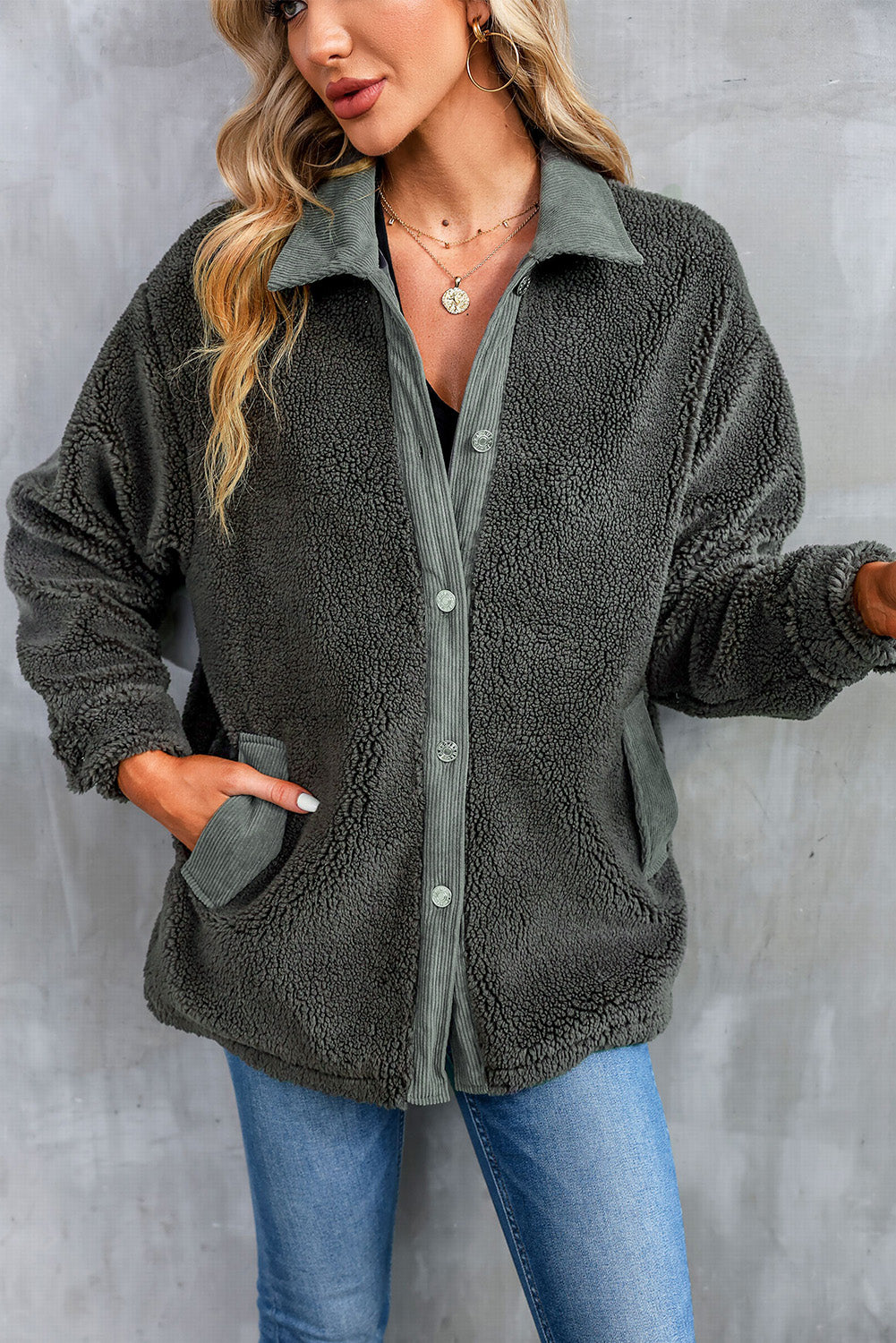 Gray Corduroy Trim Elbow Patch Sherpa Jacket