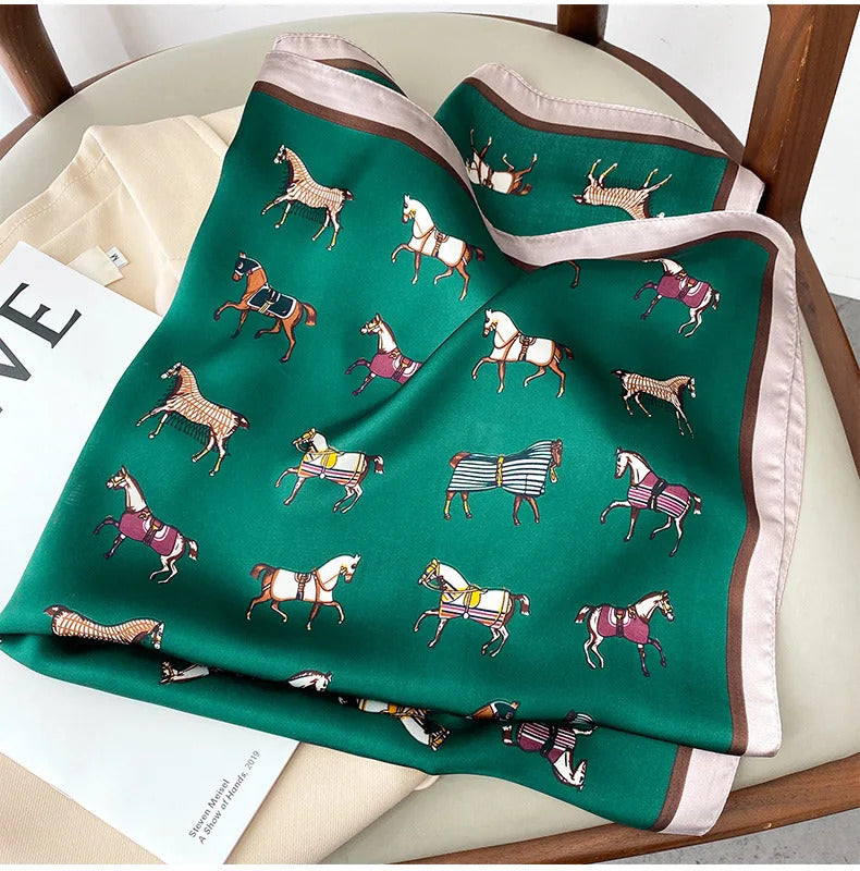 2023 Luxury Horse Print Female Silk Neck Scarf Square Hair Scarves Foulard Head Band Shawls Wraps Neckerchief Bandana Women