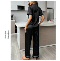 Women's Pajamas Sets Autumn Short Sleeve Buttons Top & Pants Sleepwear 2 Piece Button-Down Pj Set Homewear Satin Loungewear