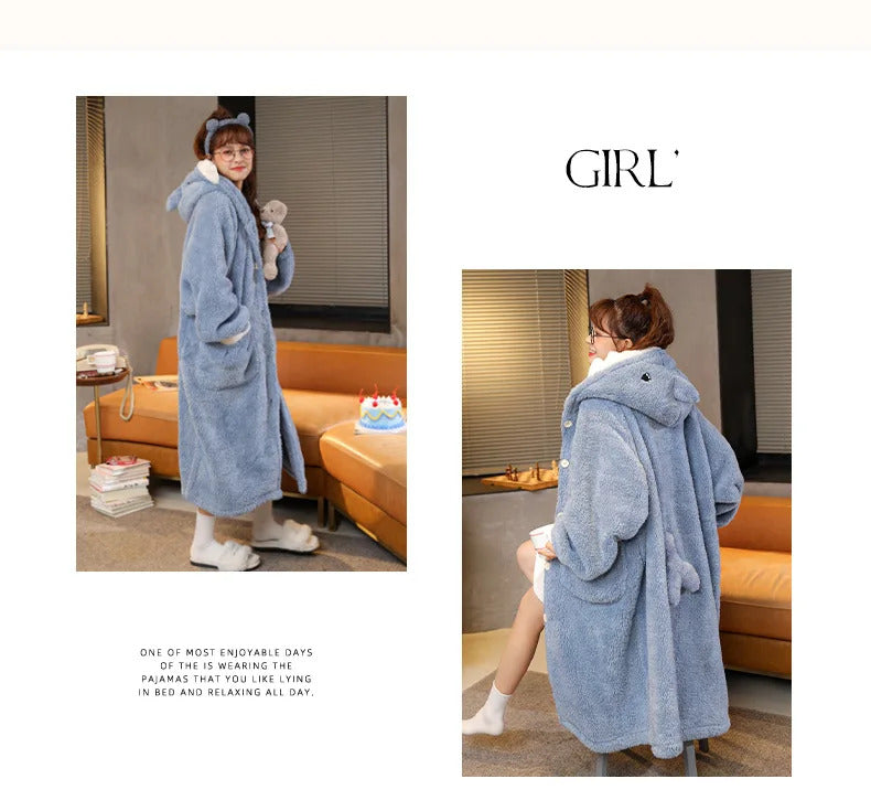 Women's Pajamas Thickened Warm Flannel Cartoon Shark Sleeping Robe Animal women's Two Pieces set Men Women Plush Thick Sleepwear