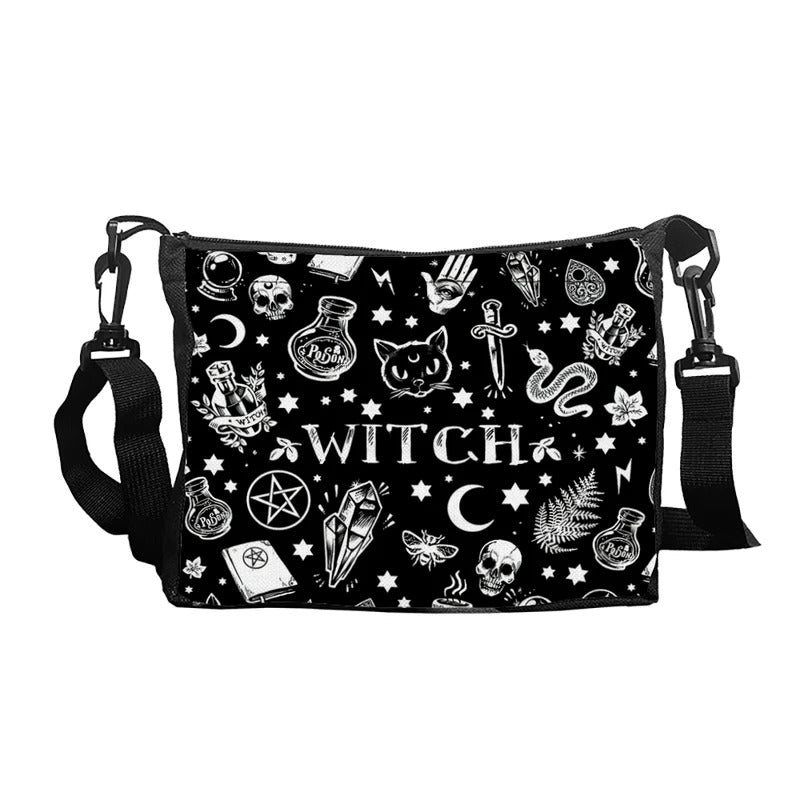 Gothic Cat Printed Shoulder Bag Halloween Fabric Crossbody Bag Versatile Small Square Purse Simple and Stylish Women's Handbag