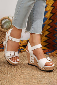 White Rivet Buckle Closure Wedge Sandals