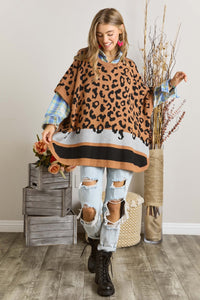 Camel Leopard Print Poncho Sweater