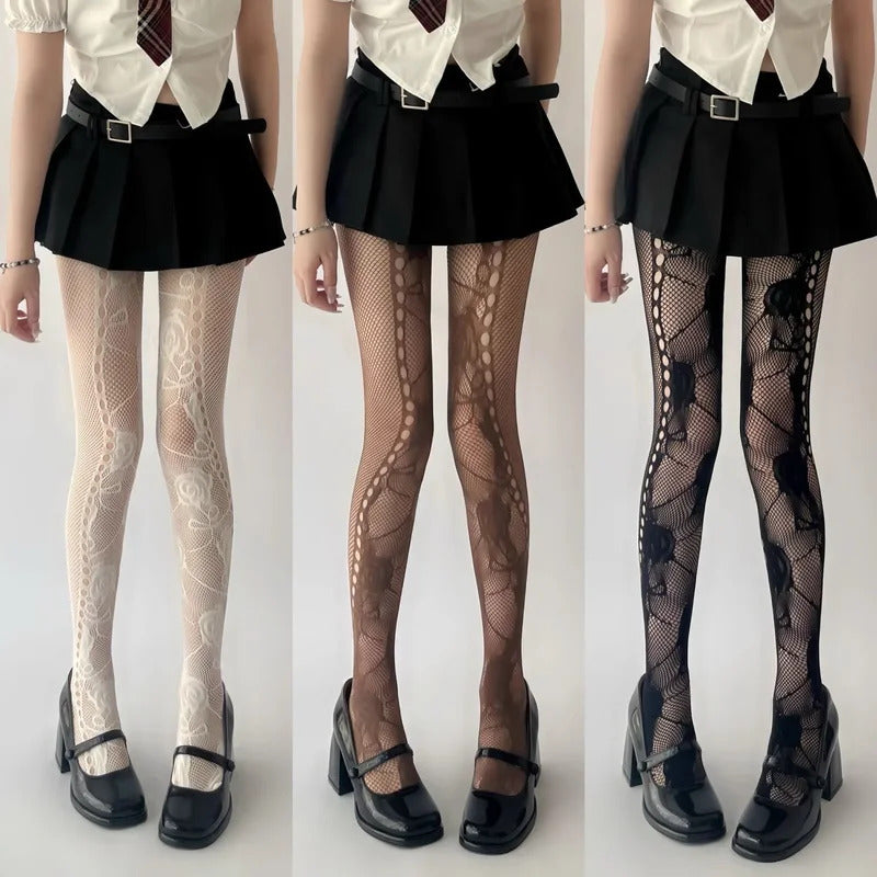 Y2K Floral Jacquard Sexy Stockings Women Gothic Punk Black Fishnet Pantyhose Harajuku Lolita Irregular Rose Holes Mesh Tights