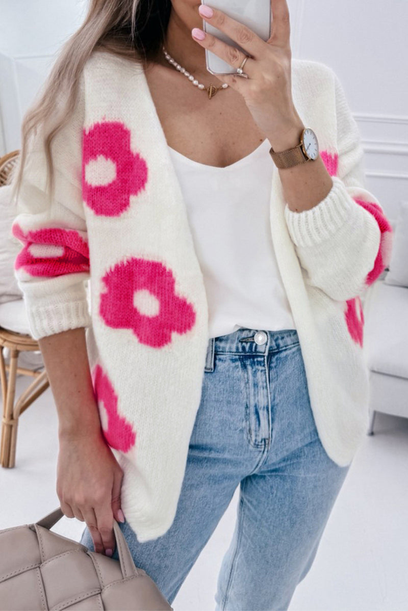 Rose Red Flower Pattern Open Front Cardigan