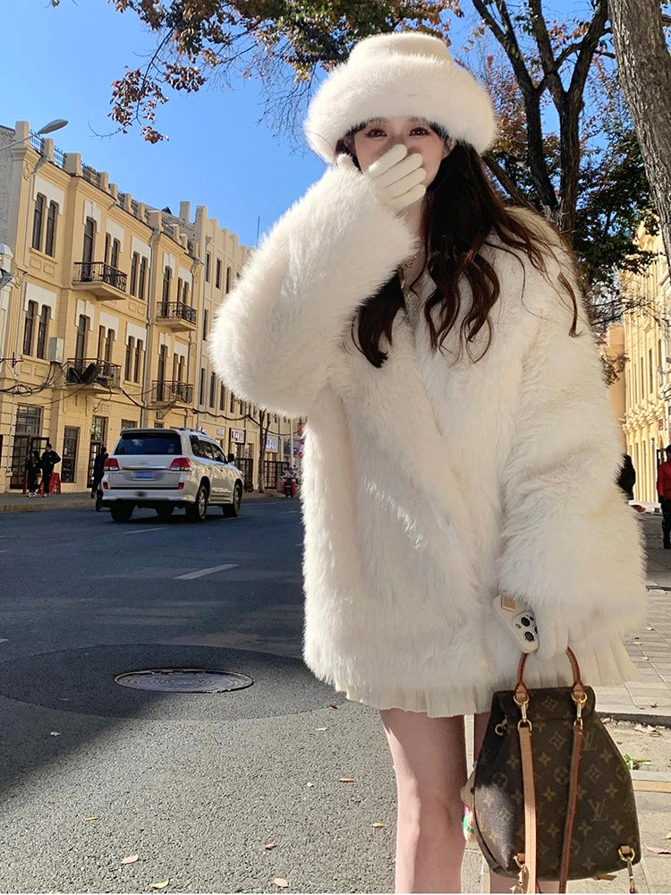 Lautaro Autumn Winter Oversized Loose Casual Luxury Soft Thick Warm Hairy Faux Fox Fur Coat Women Long Sleeve Fluffy Jacket 2024