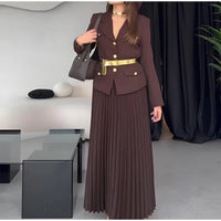 Elegant Women's Two Pieces Set Single-breasted Lapel Large Size Coat Belt Pleated Midi Skirt Suit 2025 Lady New In Matching Sets