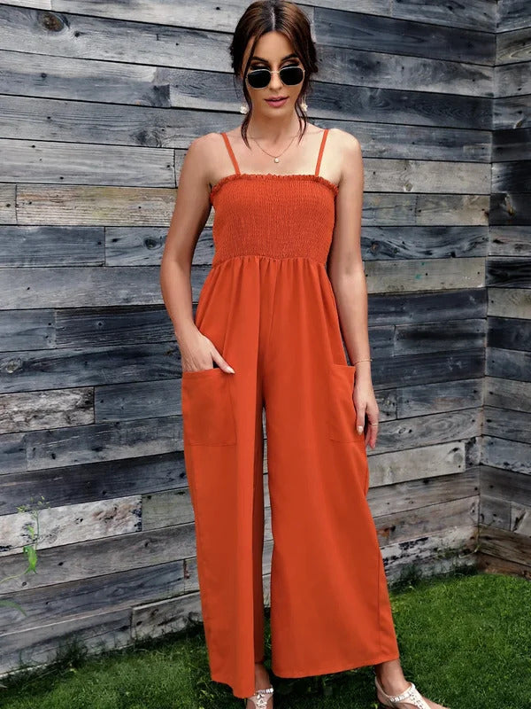 Fitshinling Vintage Summer Long Jumpsuit Women Romper Spaghetti Strap Sleeveless Pockets Wide Leg Playsuit Sexy Loose Jumpsuits