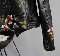 Women Floral Print Embroidery Faux Soft Leather Jacket Coat Turn-down Collar Casual Pu Motorcycle Black Punk Outerwear