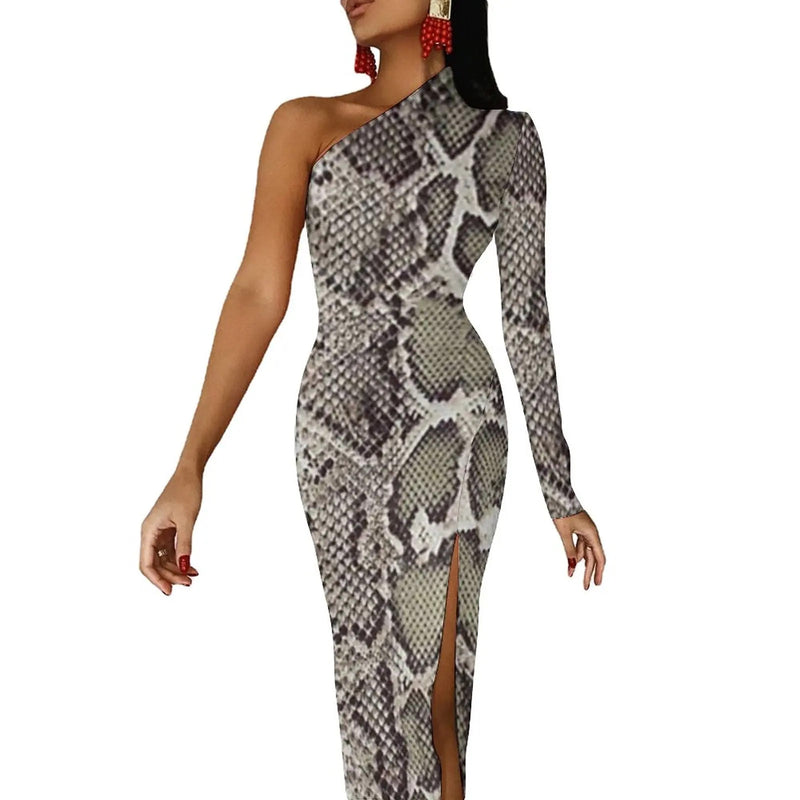 Snakeskin Bodycon Dress Summer Greys and Silvers Retro High Slit Long Dresses Long Sleeve Graphic Aesthetic Dress