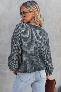 Blue Heathered Knit Drop Shoulder Puff Sleeve Sweater