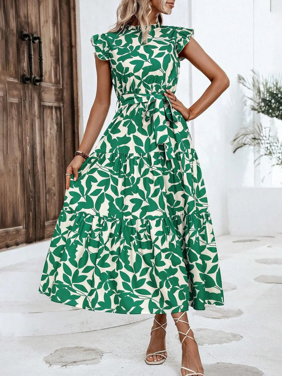 Elegant Women's Flower Midi Dress New Summer Fashion Stand Collar Flying Sleevel Lace Up Dress Casual Beach Holiday Dresses Robe