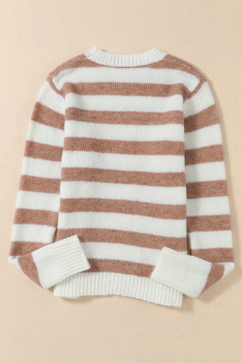 Brown Striped Round Neck Casual Sweater