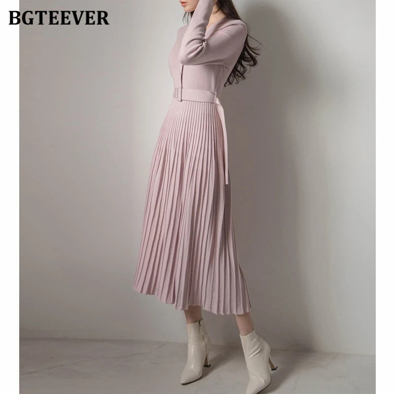 BGTEEVER Elegant V-neck Single-breasted Women Thicken Sweater Dress 2021 Autumn Winter Knitted Belted Female A-line soft dresses