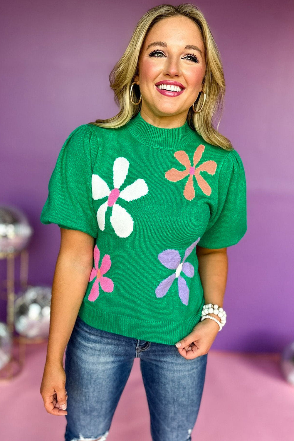 Bright Green Floral Bubble Short Sleeve Sweater