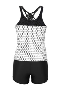 Black Monochrome Geometry Print Sporty Tankini Swimsuit