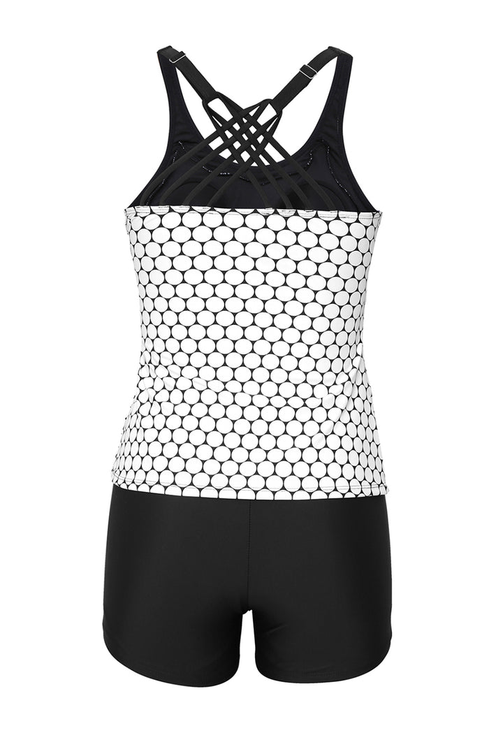 Black Monochrome Geometry Print Sporty Tankini Swimsuit