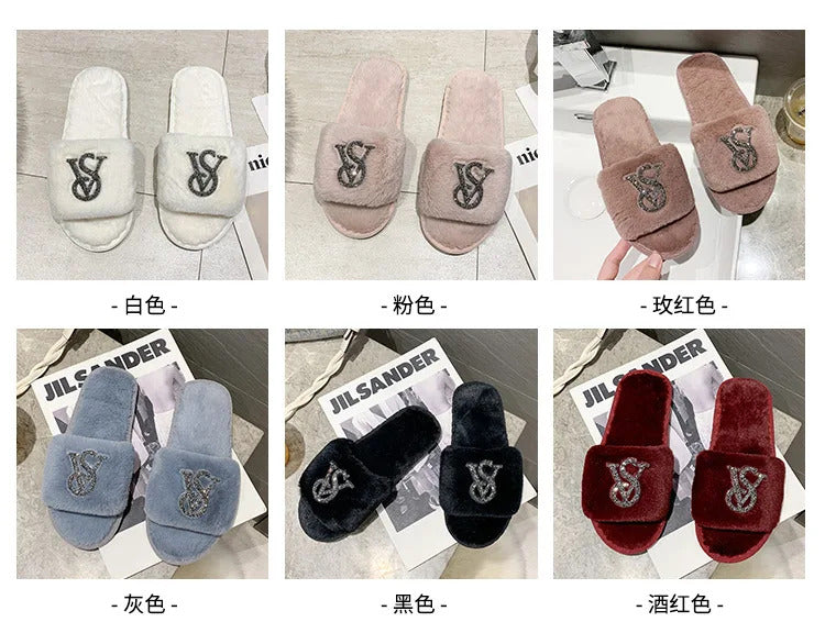 Female Home Cotton Slippers Women Autumn Winter Hairy Warm Footwear Fashion Letter Rhinestones Sandals Woman Casual Flat Shoes