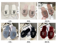 Female Home Cotton Slippers Women Autumn Winter Hairy Warm Footwear Fashion Letter Rhinestones Sandals Woman Casual Flat Shoes