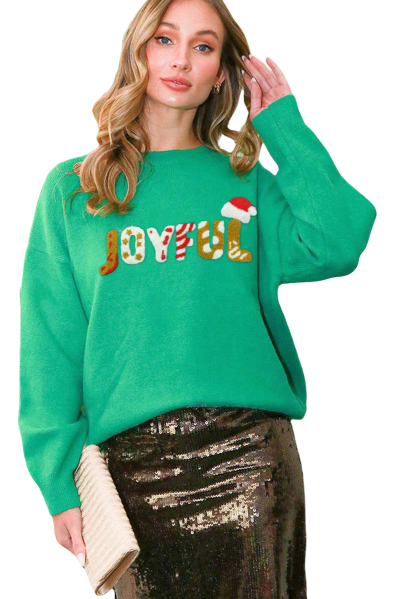 Bright Green Sequined JOYFUL Graphic Christmas Sweater