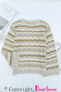 Wavy Stripe Scalloped Edge Pointelle Knit Sweater