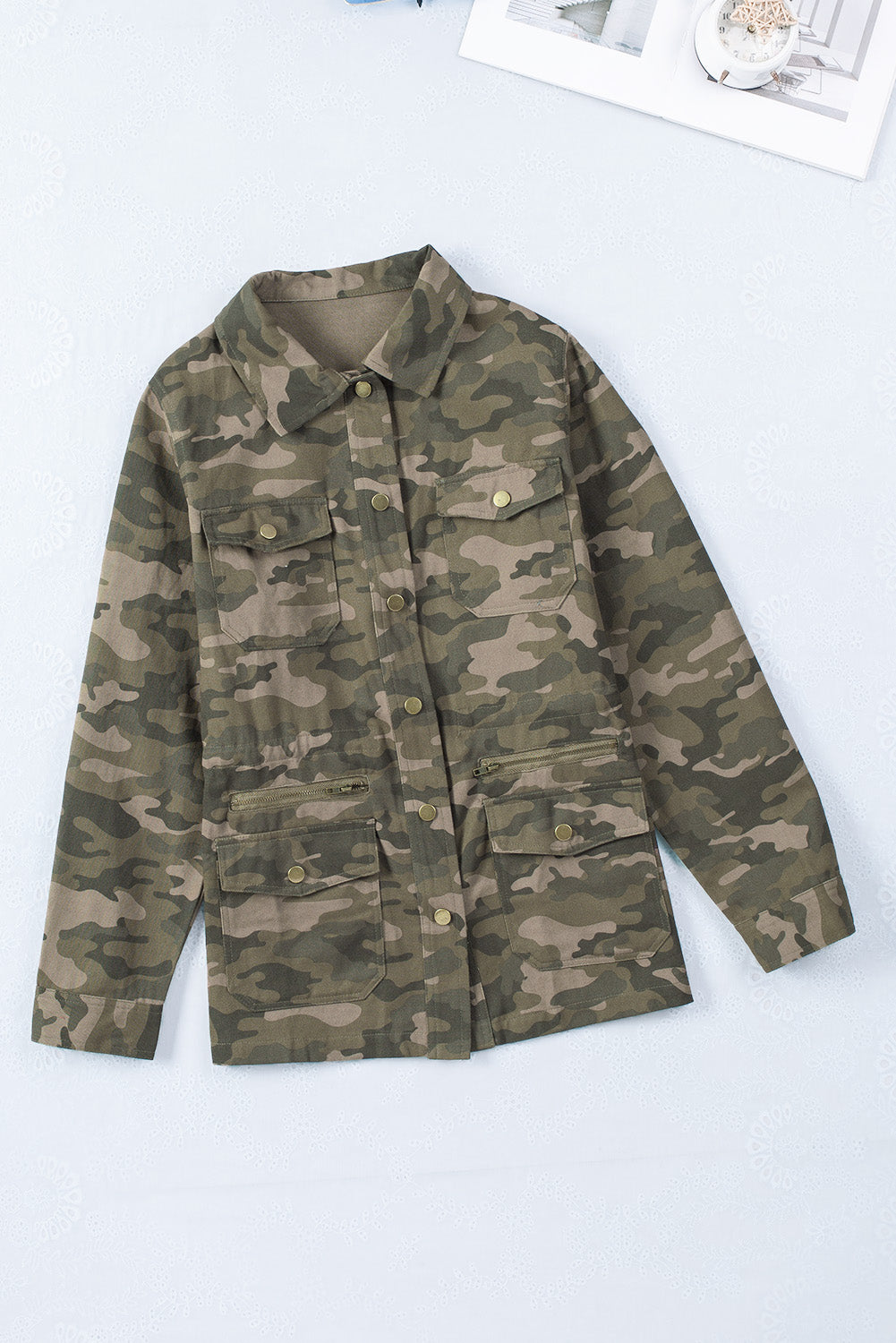 Green Camo Print Multi Pockets Button-up Jacket