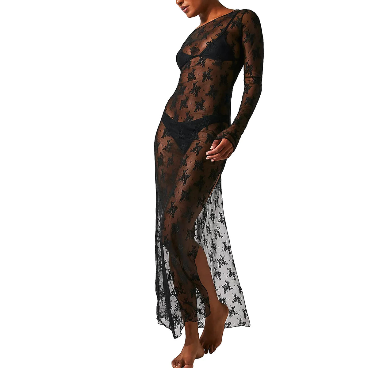 Women See-Through Lace Dress Long Sleeve Round Neck Slit Hem Dress Chemise Beach Bikni Cover Up Long Dress Vacation Streetwear