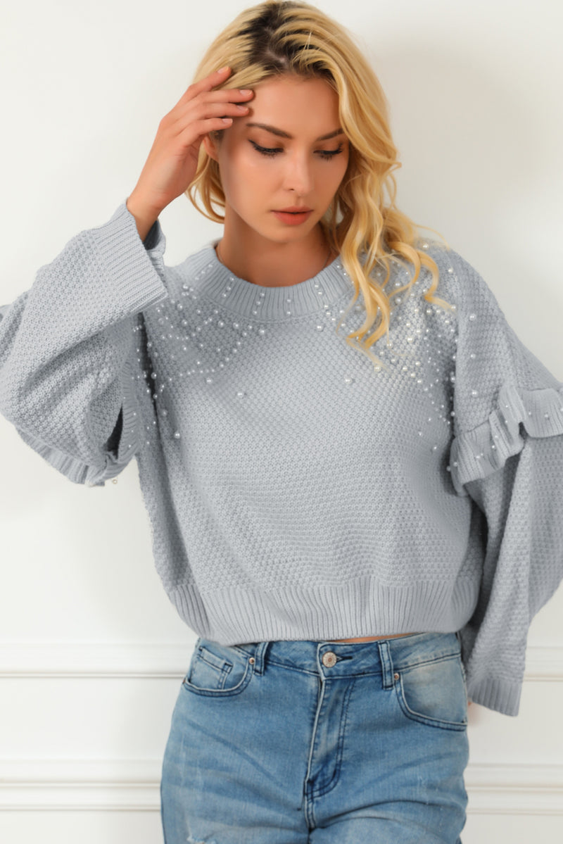 Gray Pearl Embellished Ruffle Wide Sleeve Sweater