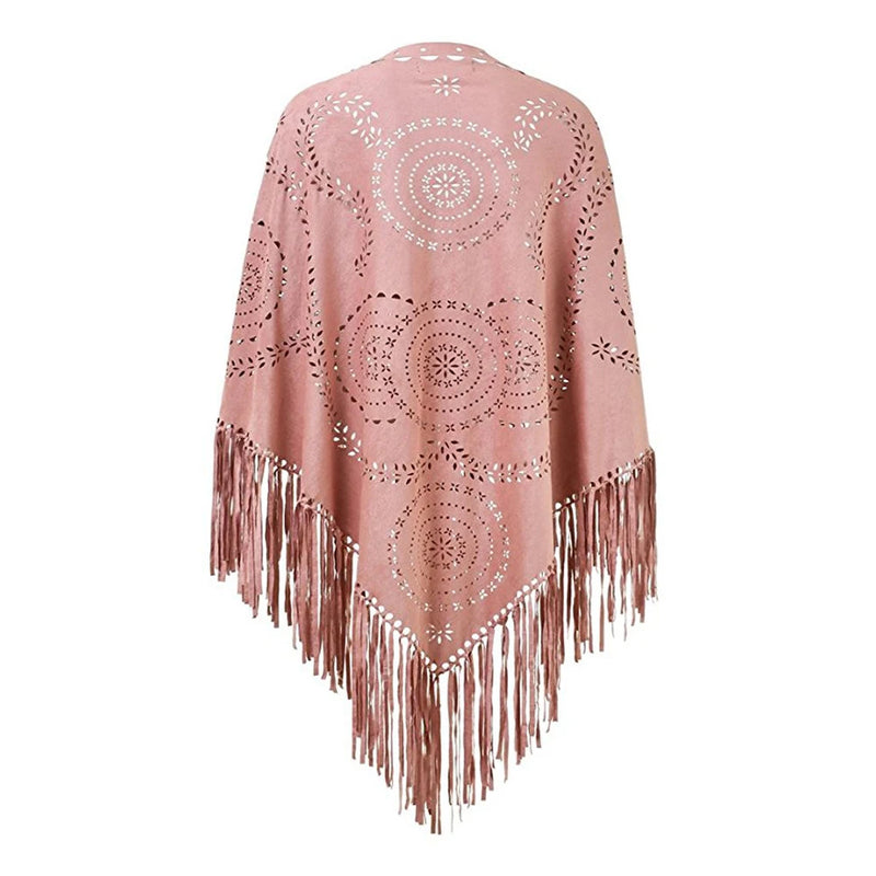 Women's Loose Suede Fringe Open Poncho Cloak Shawl Wrap with Punch Hole Patterns and Graceful Fringes Dropshipping