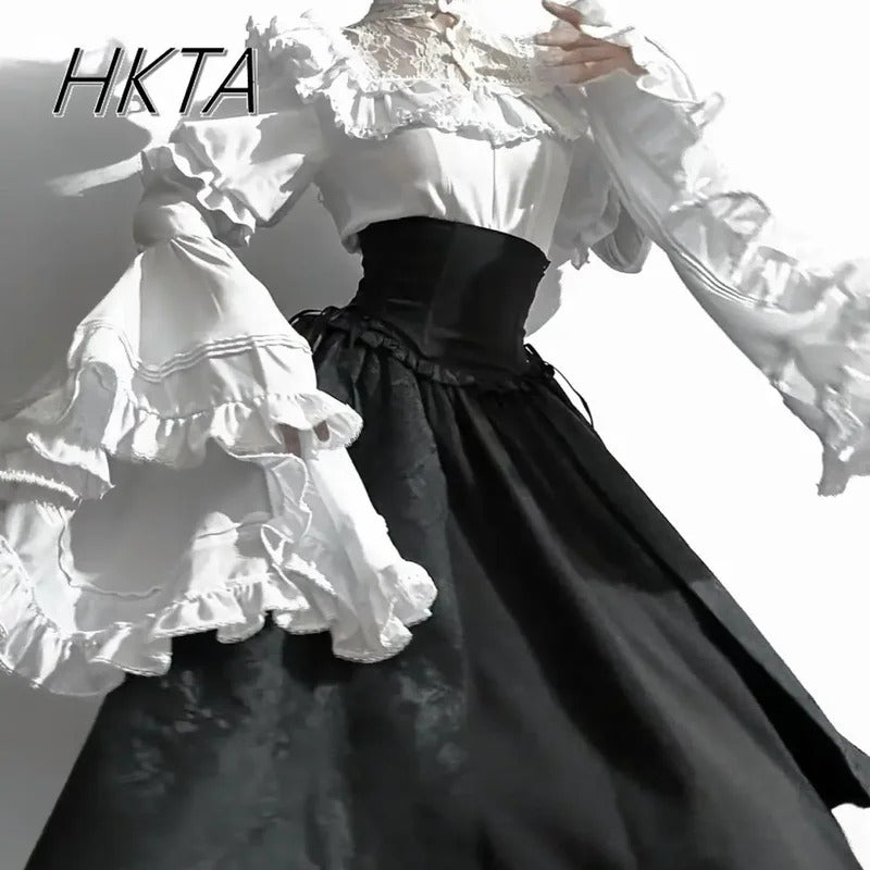 Gothic Shirt Y2k Top Lolita Girls Ruffle Umbrella Skirt High Waist Oversized Long Skirt Horn Long Sleeve Student Elegant Blouse