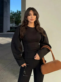 Women Two Piece Sets Solid O-neck Full Sleeve Sweatshirt Loose Elastic Waist Straight Pants Suit 2025 Spring Autumn Lady Outfits