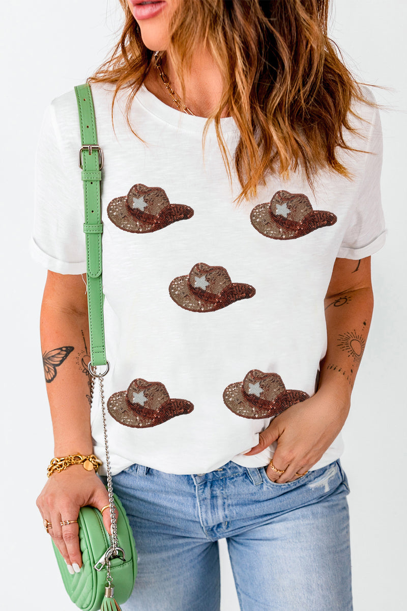 White Sequin Cowgirl Hats Graphic T Shirt