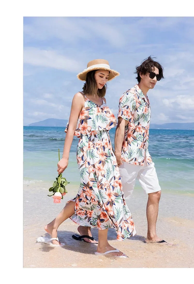 Family Look Vacation Beach Clothing Mom Daughter Sleeveless Dress Dad Son Matching Floral Shirt Set Parent Child Holiday Clothes