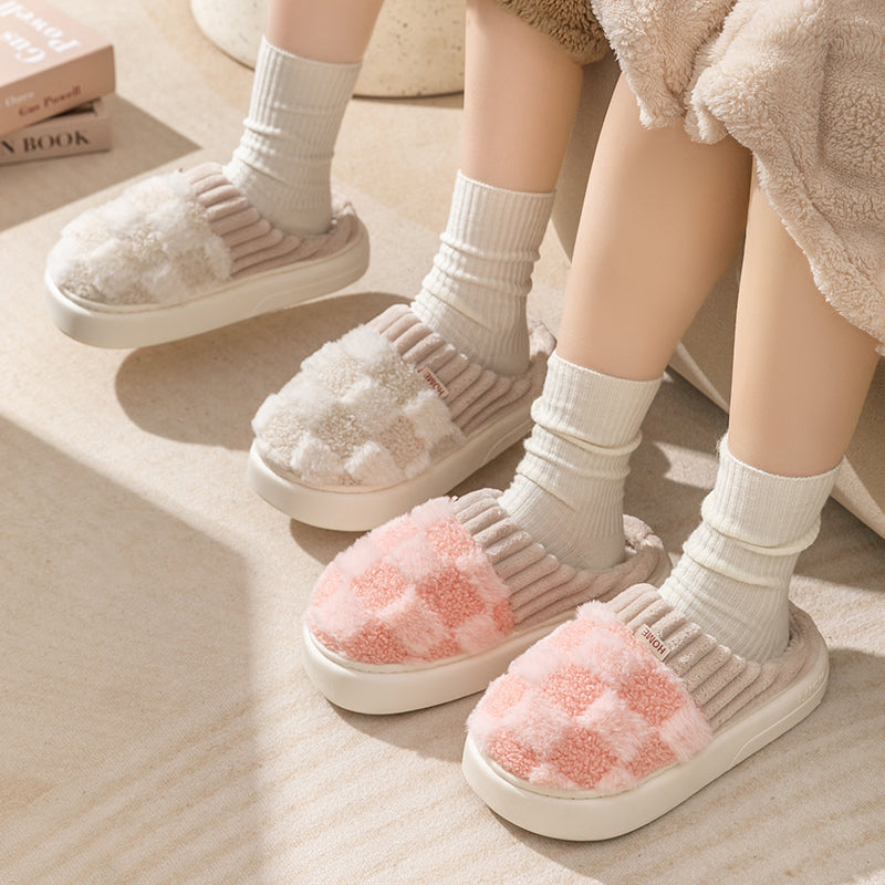 Fashion Couple Winter Toe Wrap Warm Plaid Cotton Slippers Thick Soft Sole Slides Men Women Indoor Floor Flat Home Non-slip Shoes