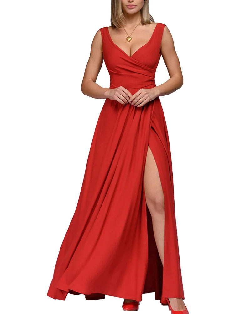 Spring Summer Dress Women 2024 Sexy Deep V Neck Sleeveless Slit Maxi Dresses Fashion Elegant Solid High Waist Party Dress