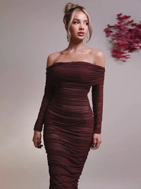 Mozision Off-shoulder Long Sleeve Sexy Maxi Dress For Women Autumn New Strapless Backless Bodycon Ruched Party Long Dress