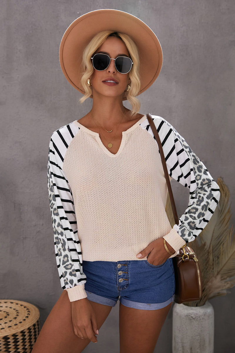 Animal Striped Sleeve Patchwork Waffle Knit Top