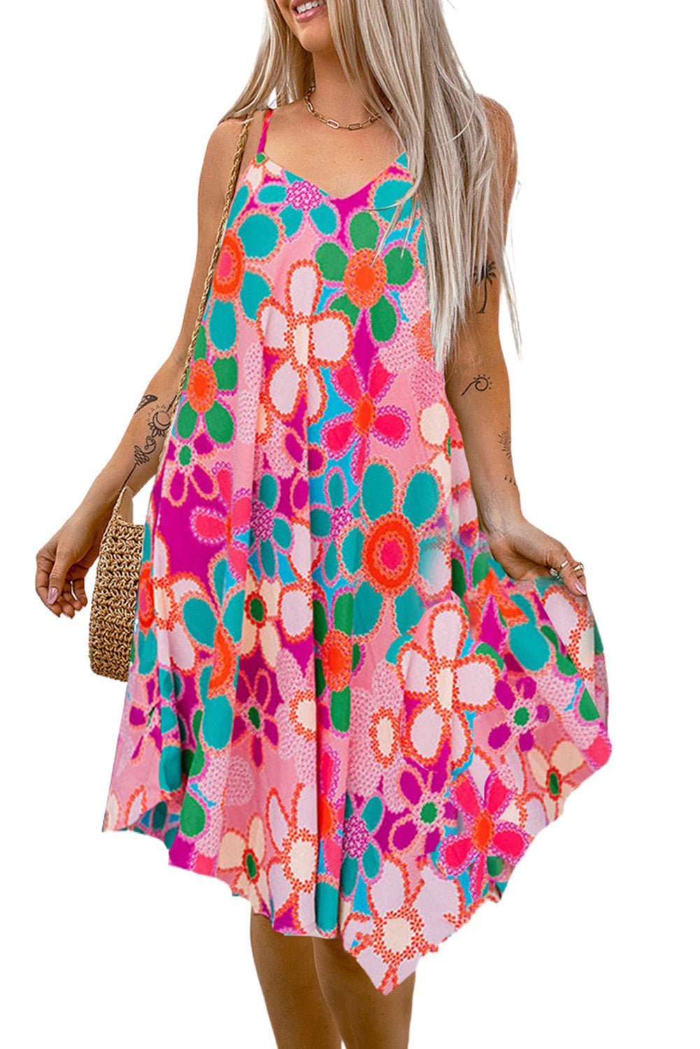 Women's Floral Print Spaghetti STraps Flowy Midi Dress