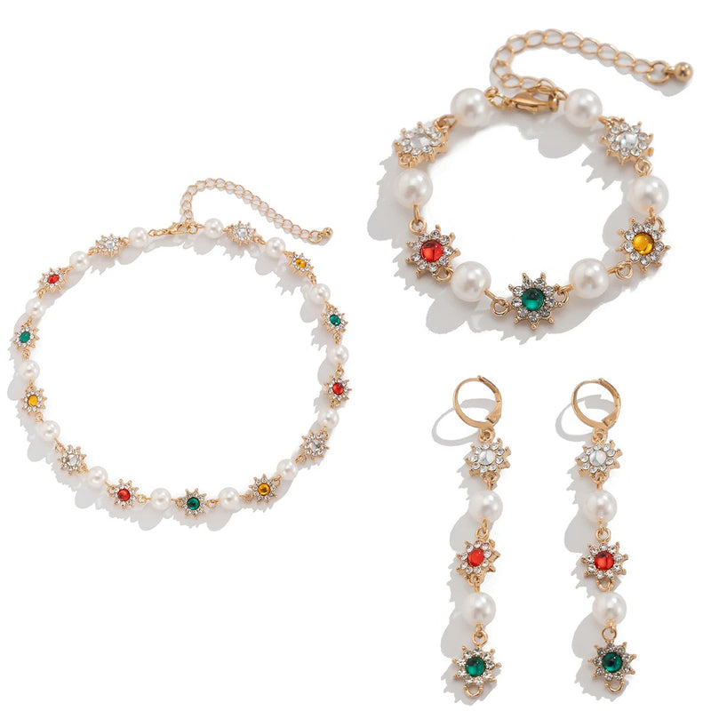 SHIXIN Luxury Shinny Colorful Rhinestone Short Necklace Bracelet Earrings Women Imitation Pearl Choker Christmases Jewelry Set