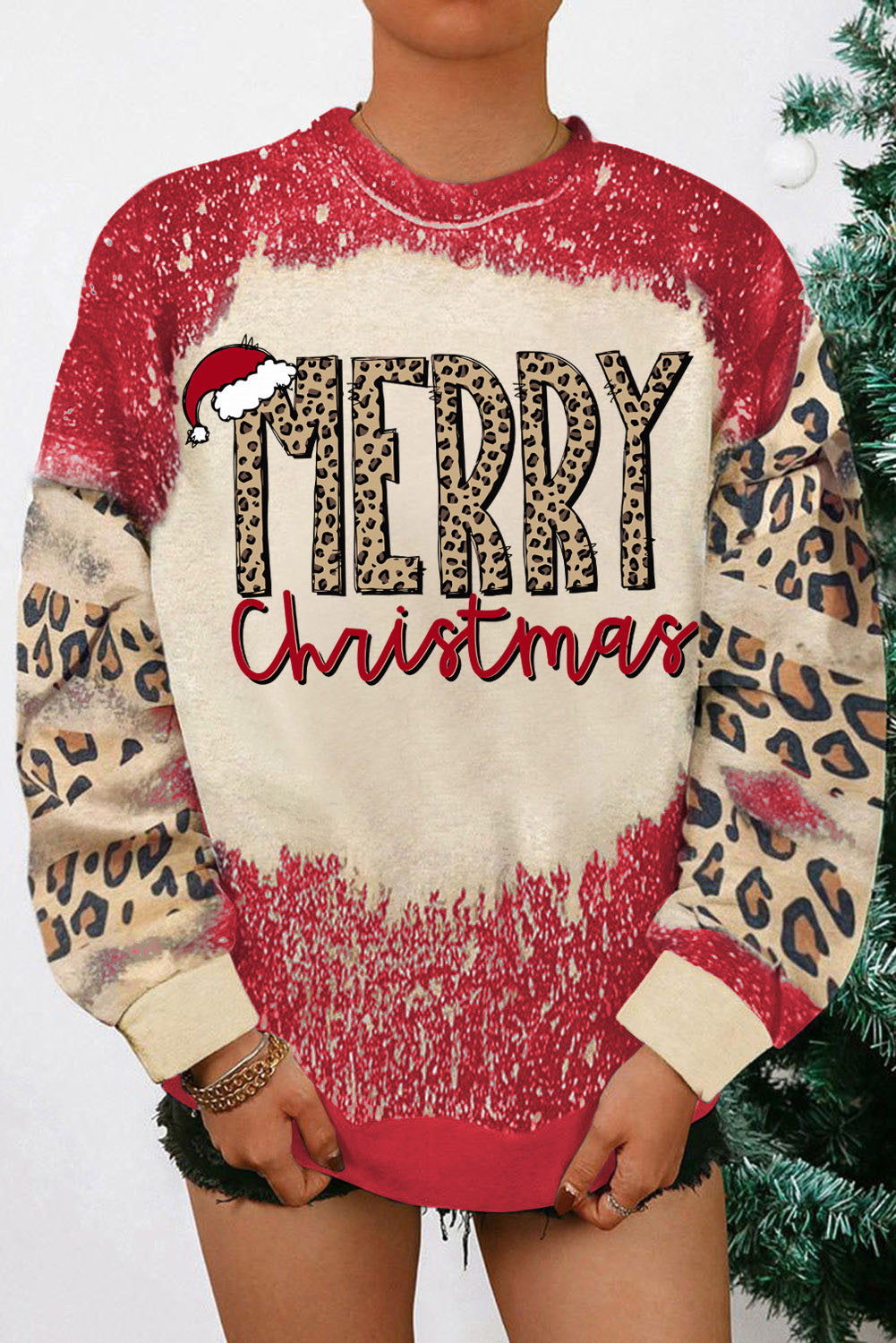 Red MERRY Christmas Leopard Color Block Sweatshirt