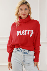 Blackish Green Merry Letter Embroidered High Neck Sweater