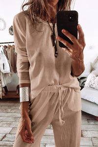 Parchment Textured Long Sleeve T Shirt and Pants Lounge Set